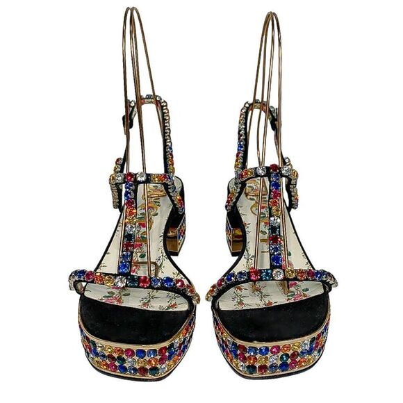 Gucci Mira Crystal Embellished Platform Sandals EU 37.5 US 7.5  Strappy Black - Picture 2 of 11